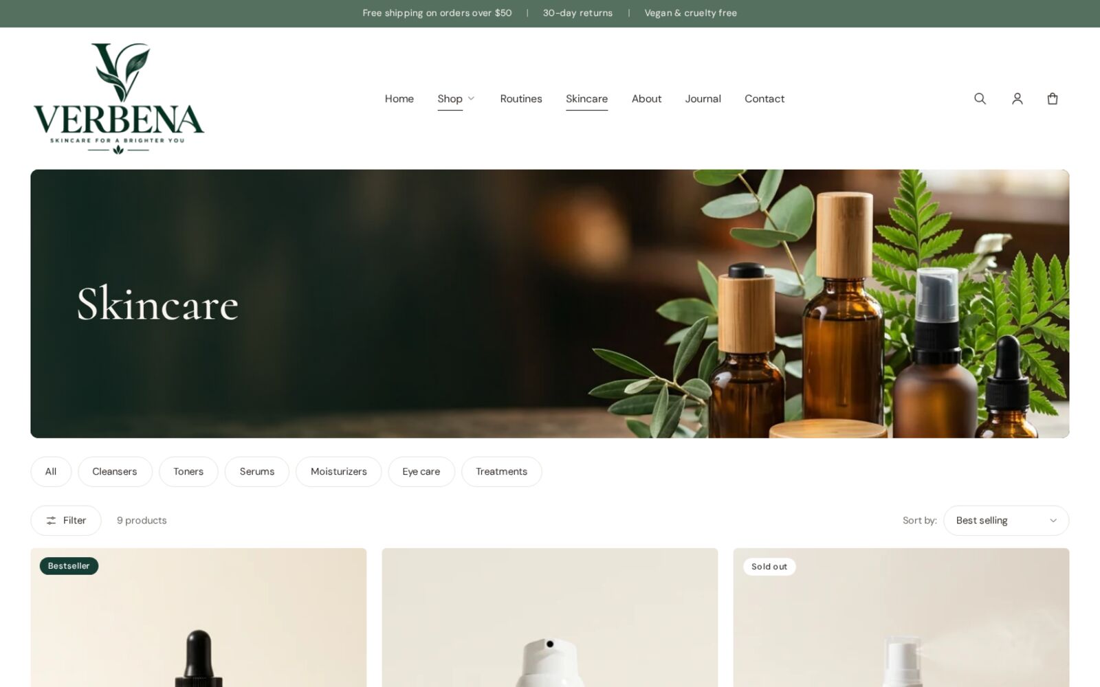 Verbena collection page with category buttons, filters and product cards