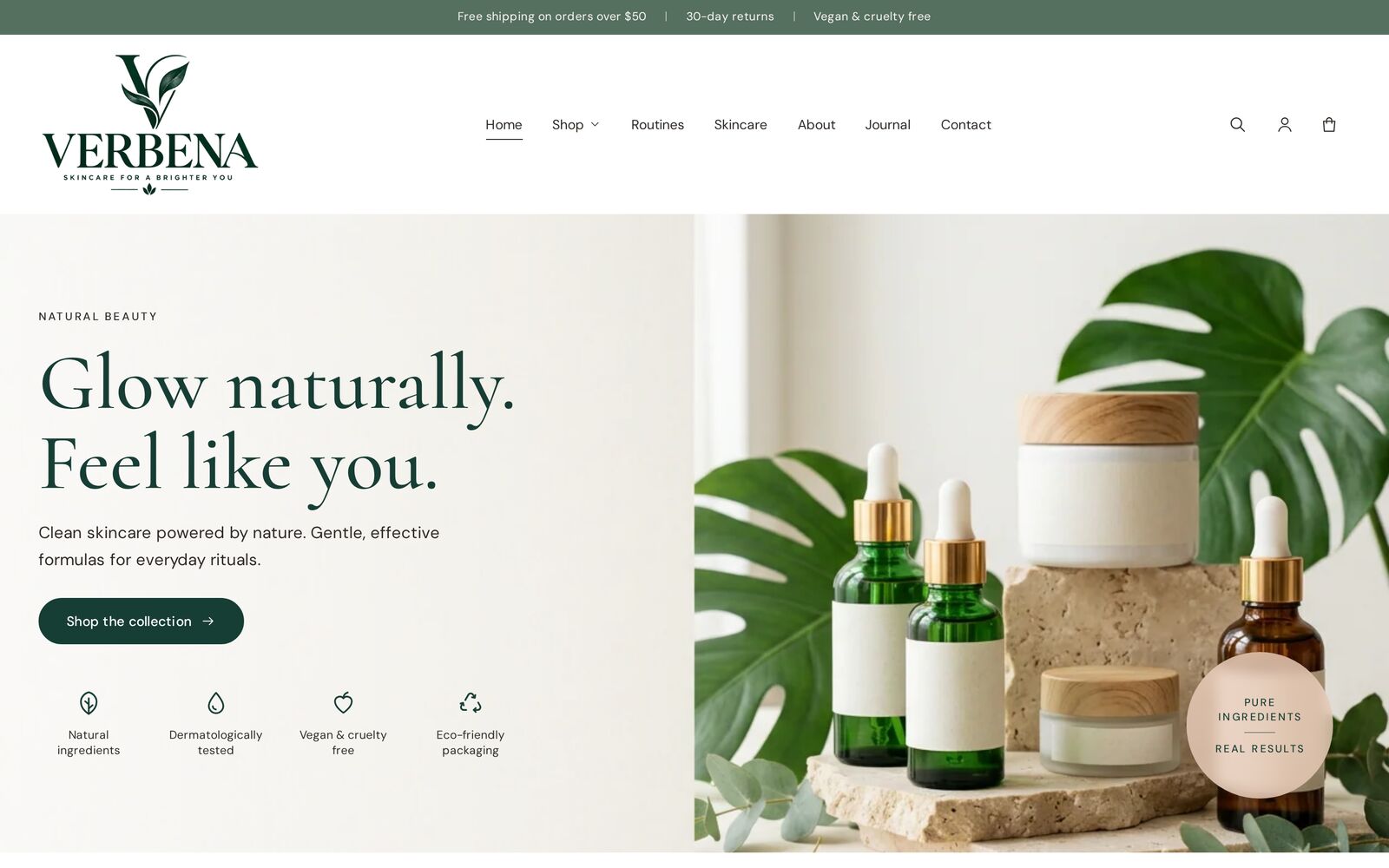 Verbena homepage with a skincare hero, feature icons and the main navigation