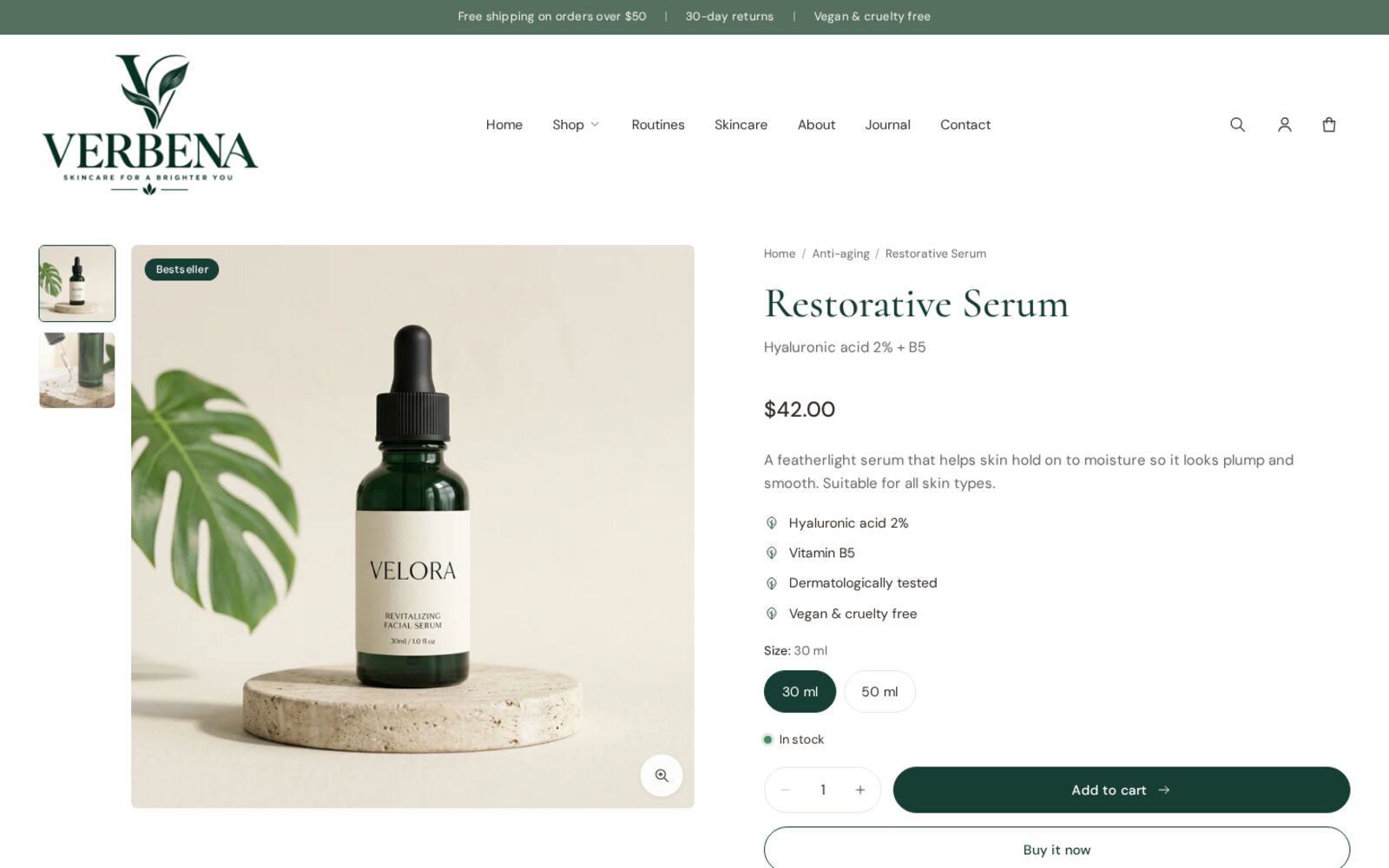 Verbena product page with gallery, highlights, size options and add to cart