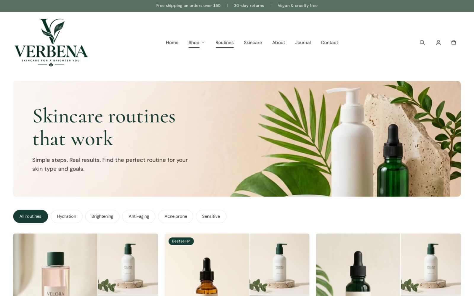 Verbena routines page with filterable skincare routines