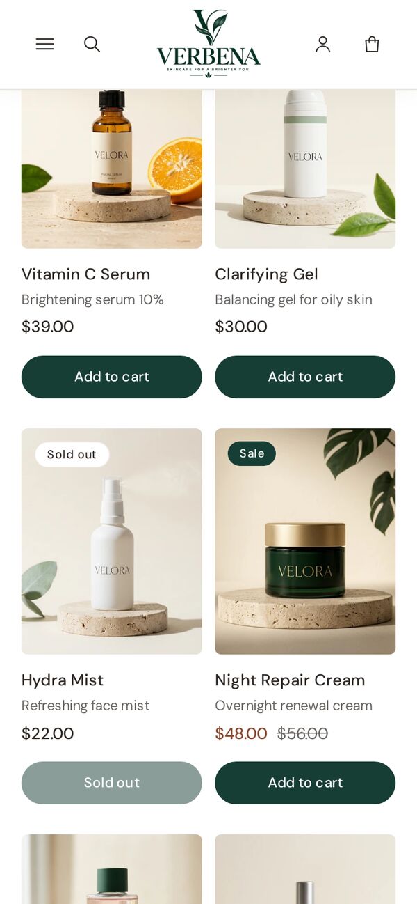 Verbena product grid on a phone